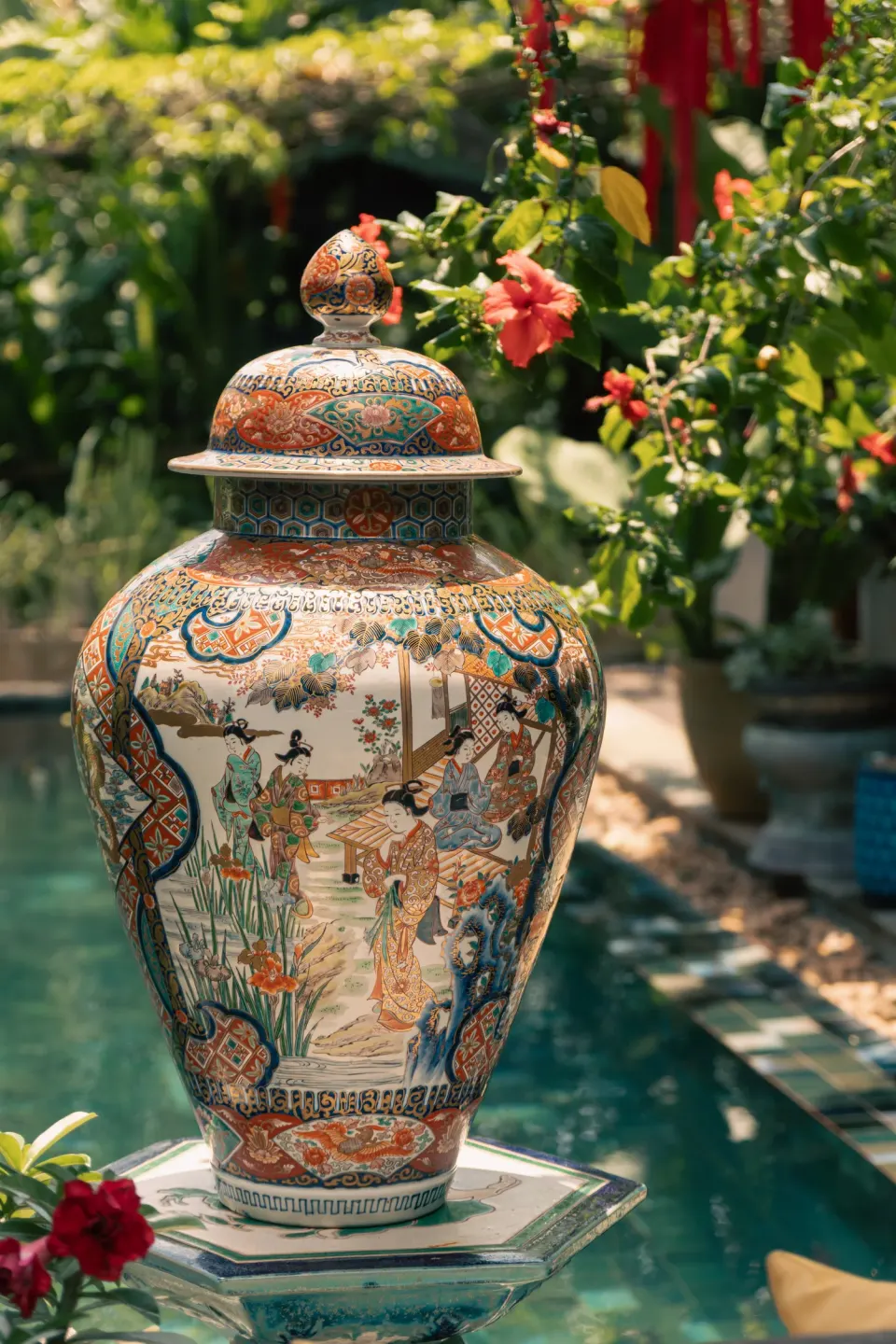 A tall painted lidded jar on a pedestal by a green pool, hibiscus flowers behind it.