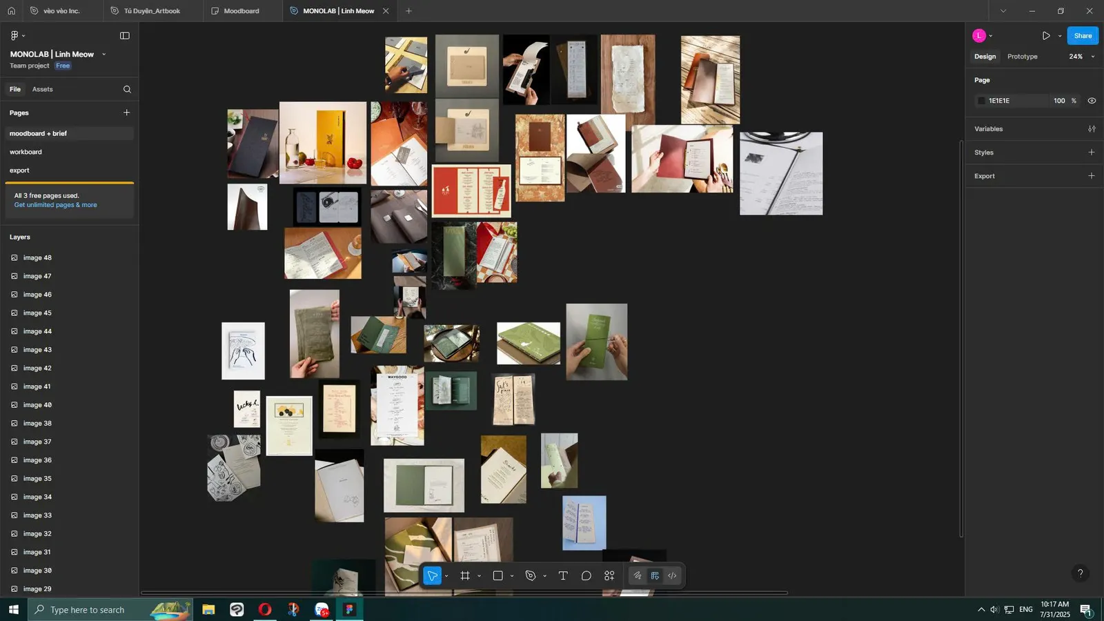 A Figma moodboard on a dark canvas covered in small photos of menus, booklets and printed cards in cream and green.
