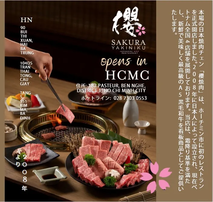A Sakura Yakiniku poster: “opens in HCMC”, a hand lifting a slice of wagyu over a grill and plates of raw beef, with Japanese text down the right edge.
