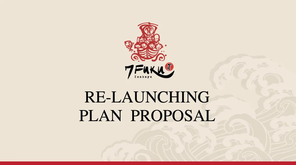 A slide: the red 7Fuku Izakaya logo above the words “Re-launching plan proposal”, on a cream ground with pale waves.