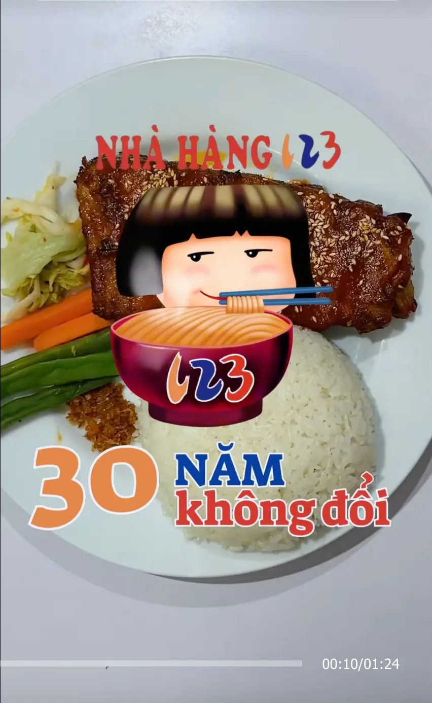A still from the 123 Restaurant TikTok: a plate of grilled ribs and rice with the cartoon logo girl and a bowl of noodles, and the words “30 năm không đổi”.