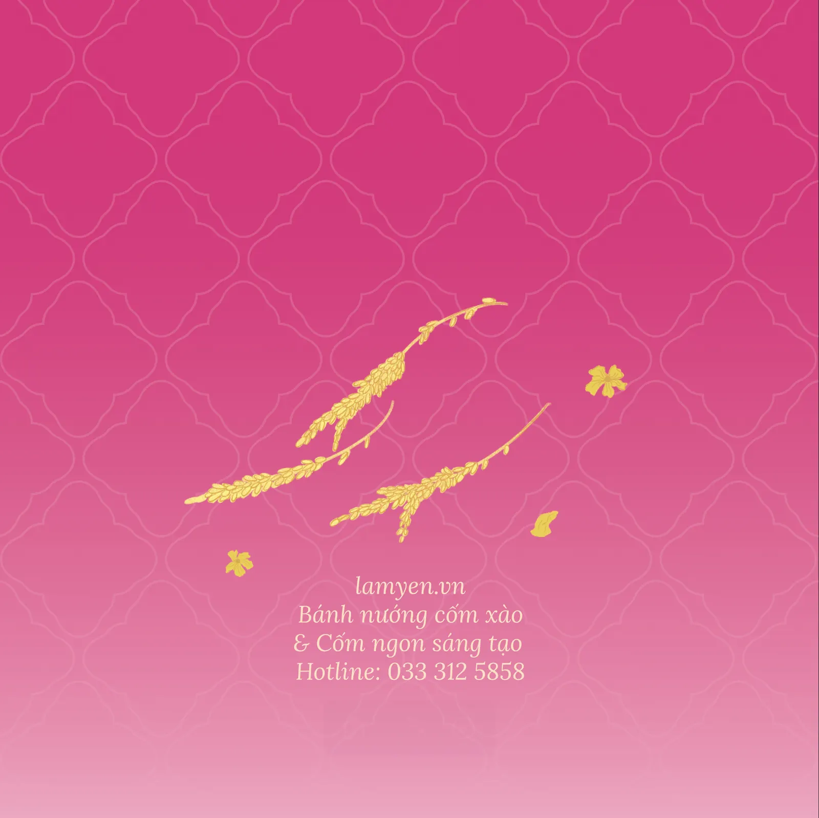 The signature paper bag, back: a pink gradient with a gold rice-stalk ornament and the shop details in small cream letters.