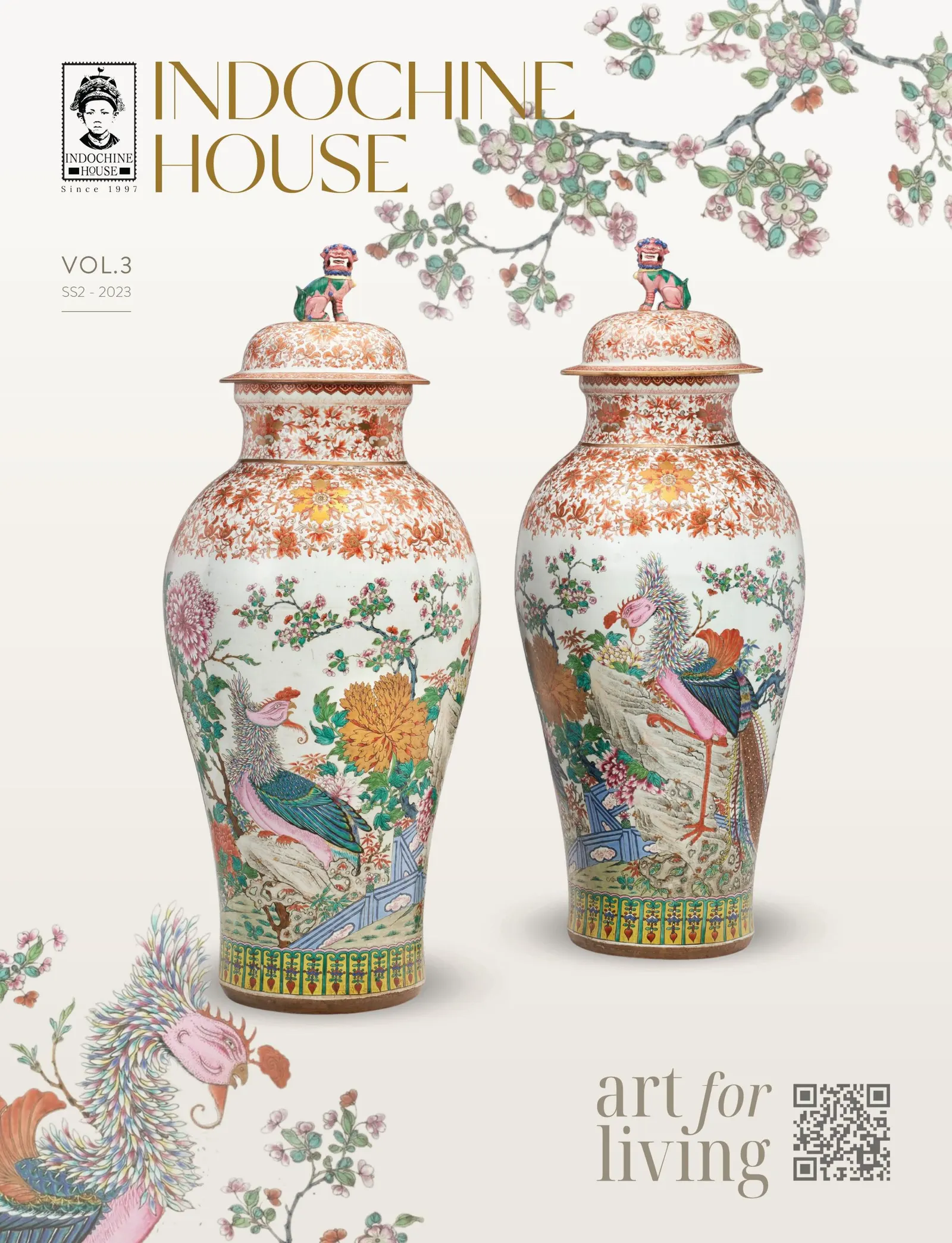 The cover of the Indochine House catalogue: two lidded porcelain vases painted with birds, and the words “art for living”.