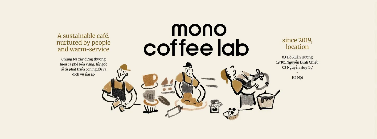 The Mono Coffee Lab cover: the logo between two short texts, with ink drawings of three people baking and pouring coffee, on a cream ground.